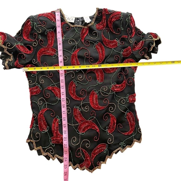 Scala Vtg Short Sleeve Chili Peppers Silk Sequined Beaded Blouse Evening Top, M - Picture 10 of 11